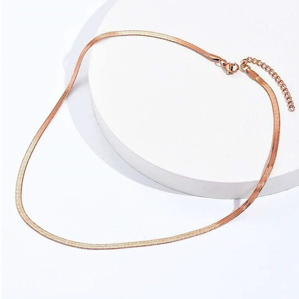 Rose Gold Herringbone Flat Snake Necklace